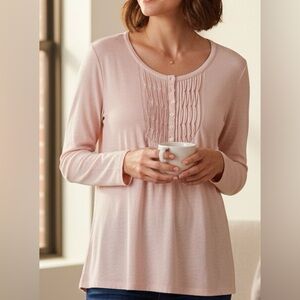 J. Jill Pleated Henley Heathered Pink 100% Cotton Flannel Feel Top Long Sleeve L